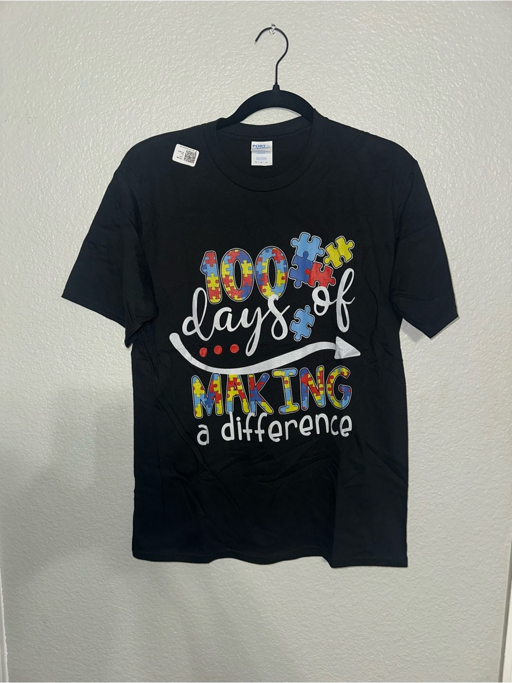 100 days of school Black Short Sleeve Tee with Multicolor Puzzle Print